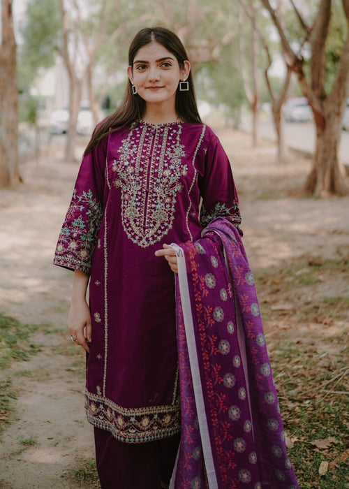 Plum Embroidered Lawn Cotton 3Pc